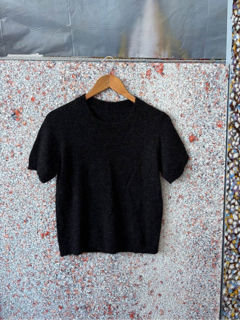 Black Short-Sleeve Knit Top - Women's Angora knit